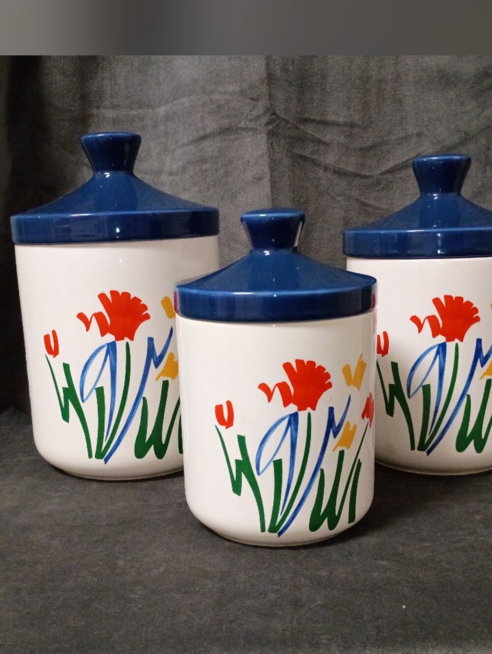 Vintage Set Of 3 Tulip Ceramic Canisters